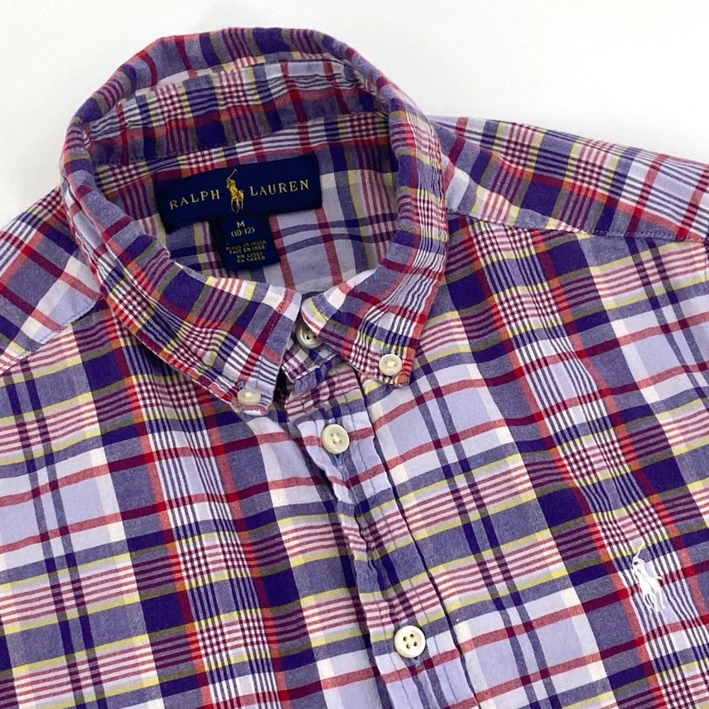 Ralph Lauren Kids Boys Medium 10-12 Purple Plaid‎ Short Sleeve Button Down Shirt